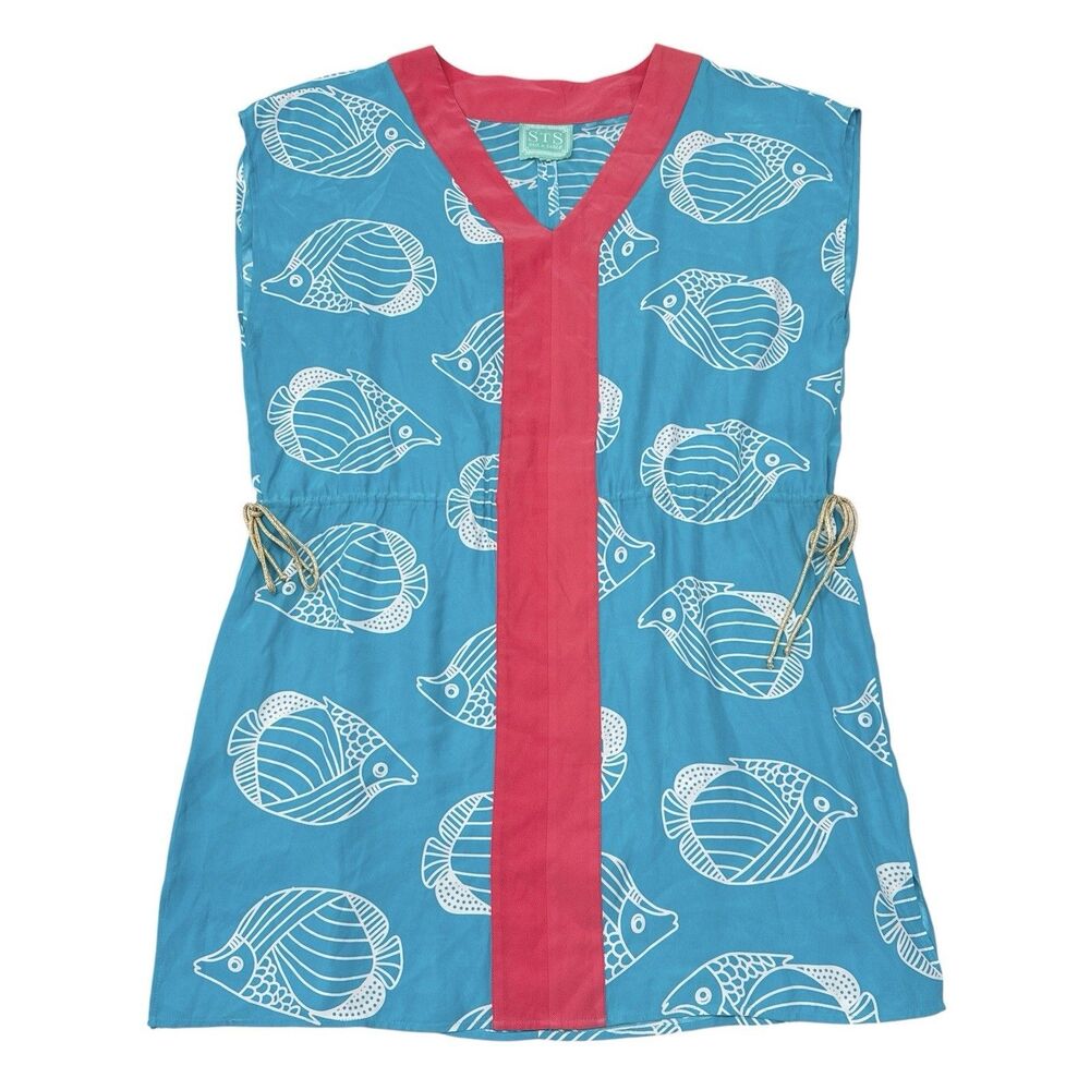 Sail To Sable Dress XL Blue Pink Silk Shift Fish Coastal‎ Vacation Beach Preppy